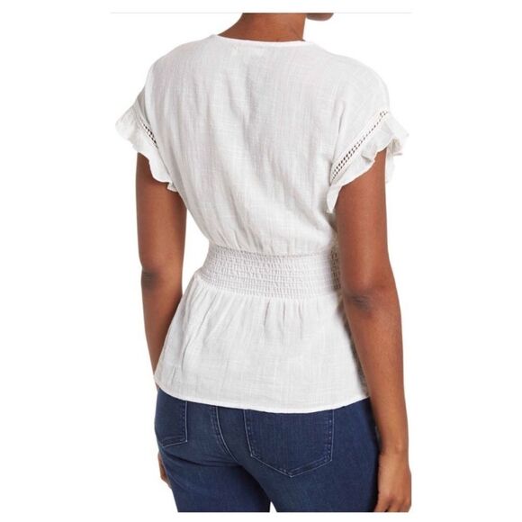 Max Studio White V-Neck Tie-Front Top Blouse L Cotton Ruffle Sleeves Boho Y2K - Picture 3 of 7